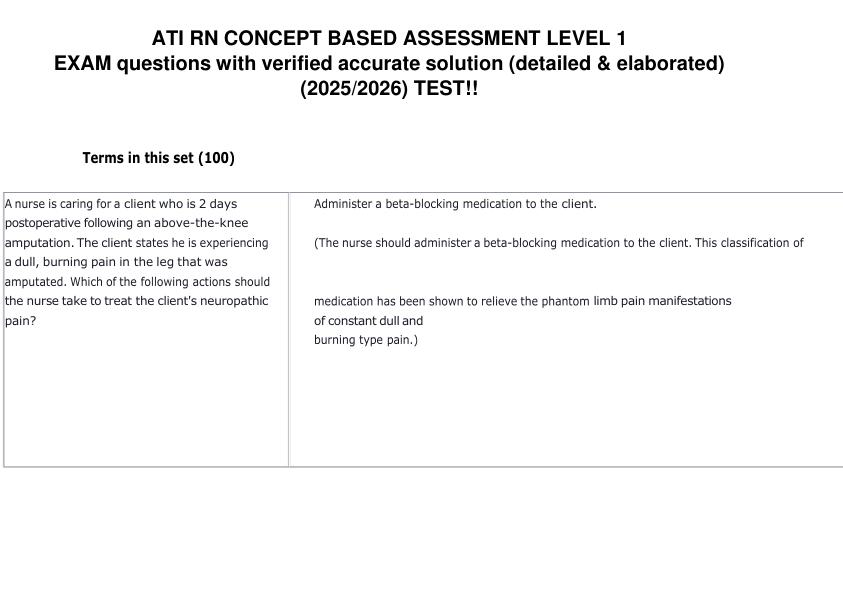 ATI RN CONCEPT BASED ASSESSMENT LEVEL 1 EXAM questions with verified accurate solution (detailed & elaborated) (20252026) TEST!!