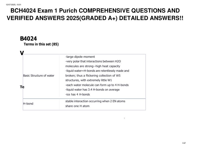 BCH4024 Exam 1 Purich COMPREHENSIVE QUESTIONS AND VERIFIED ANSWERS 2025(GRADED A+)