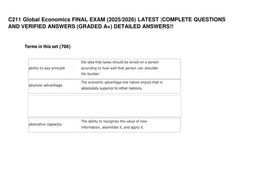 C211 Global Economics FINAL EXAM (20252026) LATEST COMPLETE QUESTIONS AND VERIFIED ANSWERS (GRADED A+)
