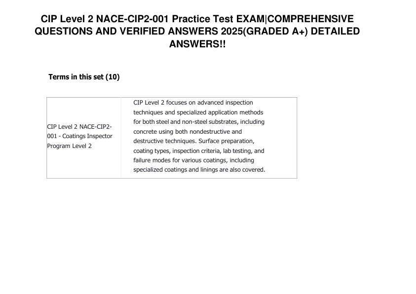 CIP Level 2 NACE- Practice Test EXAM QUESTIONS AND VERIFIED ANSWERS 2025(GRADED A+)