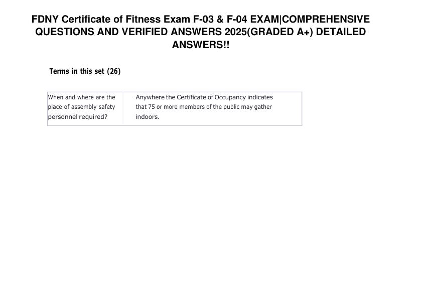 FDNY Certificate of Fitness Exam F-03 & F-04 EXAMCOMPREHENSIVE QUESTIONS AND VERIFIED ANSWERS 2025 (GRADED A+)