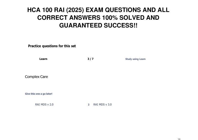 HCA 100 RAI  EXAM QUESTIONS AND ALL CORRECT ANSWERS 100% SOLVED AND GUARANTEED SUCCESS!!
