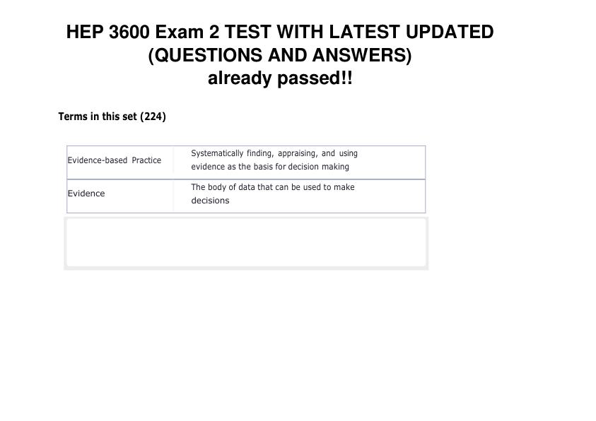 HEP 3600 Exam 2 TEST WITH LATEST UPDATED (QUESTIONS AND ANSWERS) already passed!!