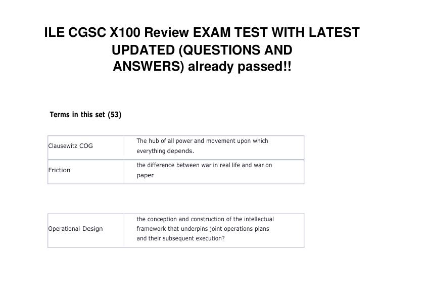 ILE CGSC X100 Review EXAM TEST WITH LATEST UPDATED (QUESTIONS AND ANSWERS) already passed!