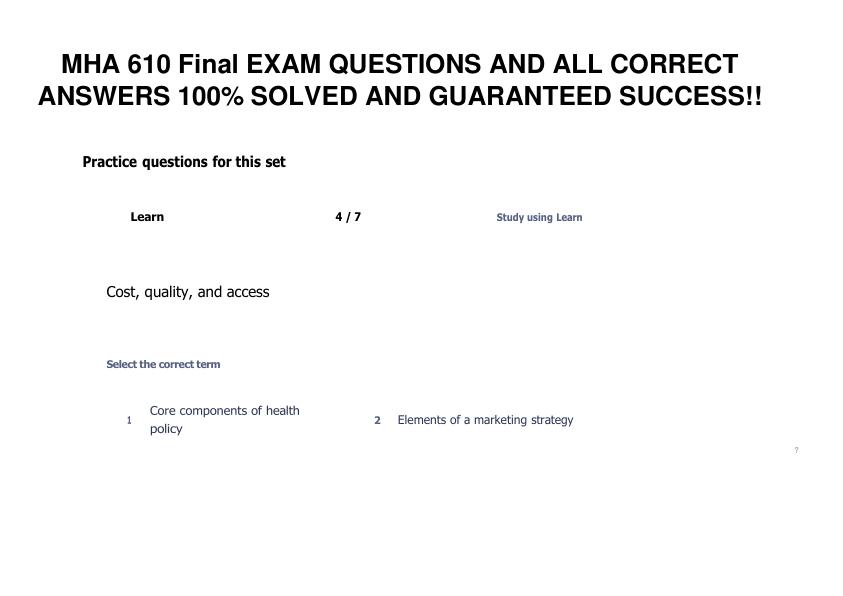 MHA 610 Final EXAM QUESTIONS AND ALL CORRECT ANSWERS 100% SOLVED AND GUARANTEED SUCCESS!!