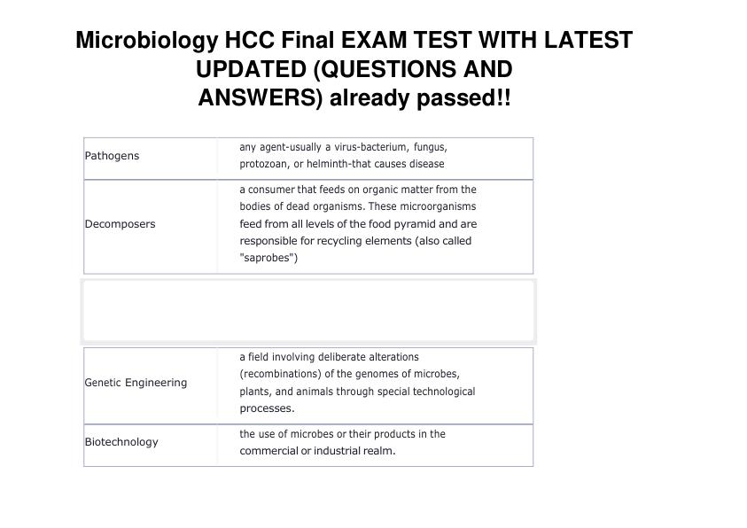 Microbiology HCC Final EXAM TEST WITH LATEST UPDATED (QUESTIONS AND ANSWERS)