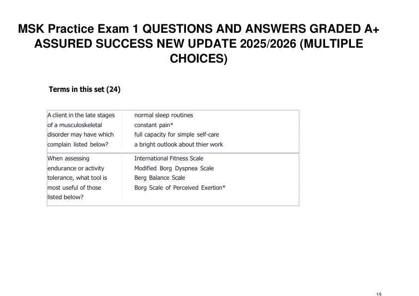 MSK Practice Exam 1 QUESTIONS AND ANSWERS GRADED A+ ASSURED SUCCESS and UPDATE 20252026 (MULTIPLE CHOICES)
