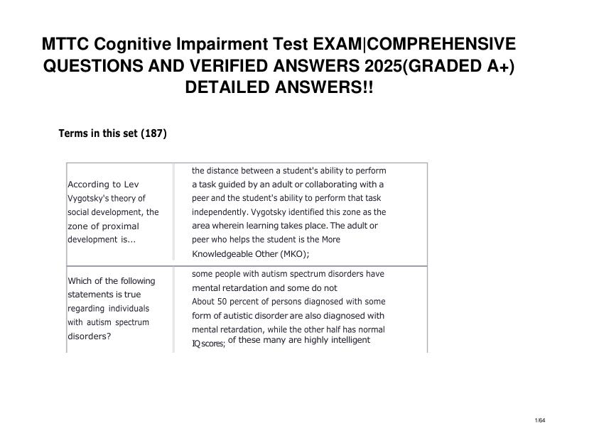 MTTC Cognitive Impairment Test EXAM COMPREHENSIVE QUESTIONS AND VERIFIED ANSWERS 2025(GRADED A+) DETAILED ANSWERS!