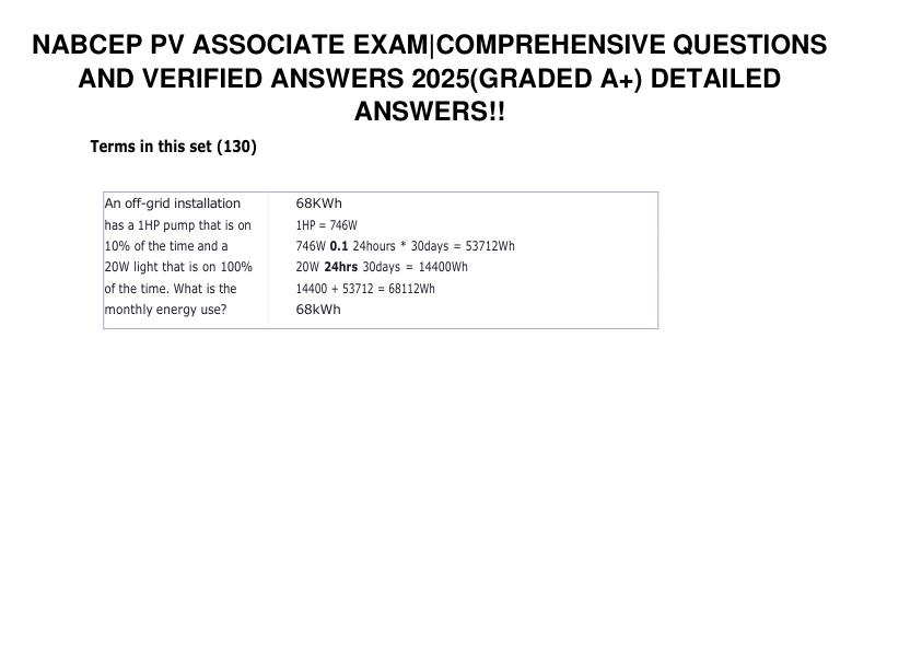 NABCEP PV ASSOCIATE EXAM QUESTIONS AND VERIFIED ANSWERS 2025(GRADED A+) DETAILED ANSWERS!