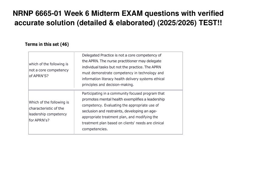 NRNP 6665-01 Week 6 Midterm EXAM questions with verified 100% accurate solution TEST!!
