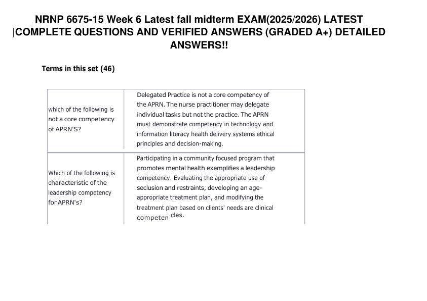 NRNP 6675-15 Week 6 Latest fall midterm EXAM LATEST COMPLETE QUESTIONS AND ANSWERS (GRADED A+) 100% Verified