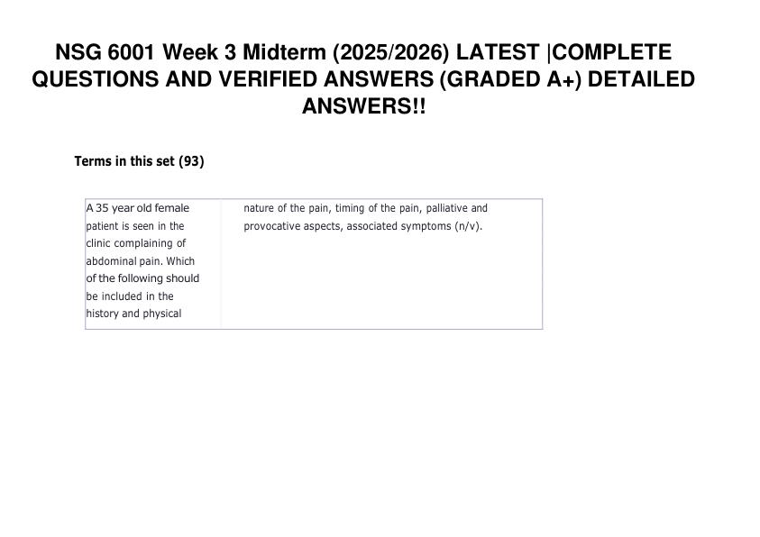 NSG 6001 Week 3 Midterm  LATEST COMPLETE QUESTIONS AND VERIFIED 100% ANSWERS (GRADED A+)
