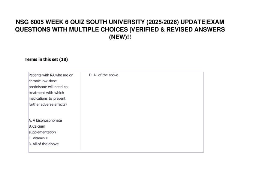 NSG 6005 WEEK 6 QUIZ SOUTH UNIVERSITY UPDATE EXAM QUESTIONS WITH MULTIPLE CHOICES & REVISED 100% Verified ANSWERS (NEW)!!