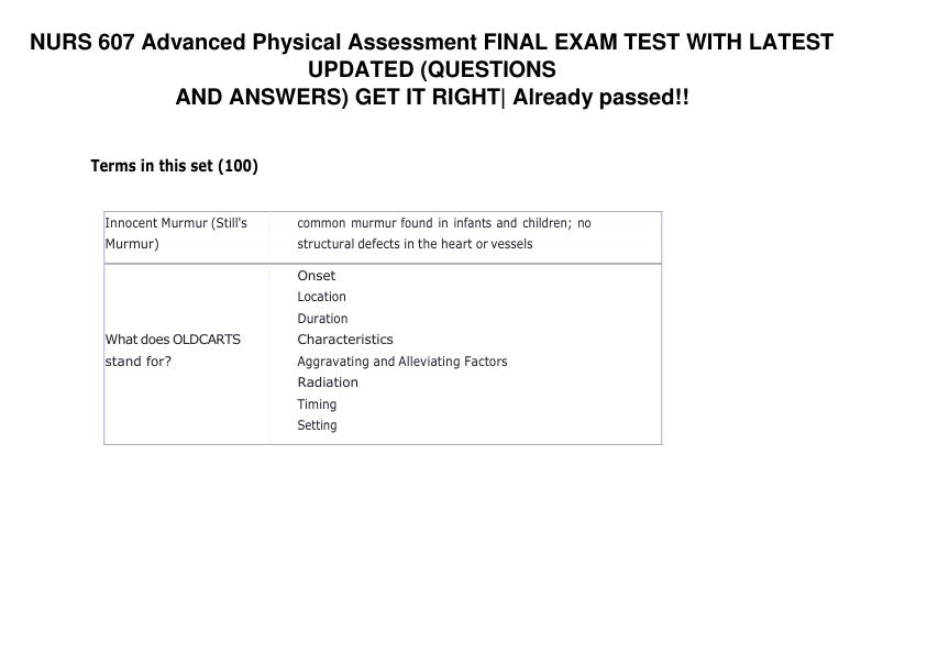 NURS 607 Advanced Physical Assessment FINAL EXAM TEST WITH LATEST UPDATED (QUESTIONS AND ANSWERS) GET IT RIGHT Already passed!