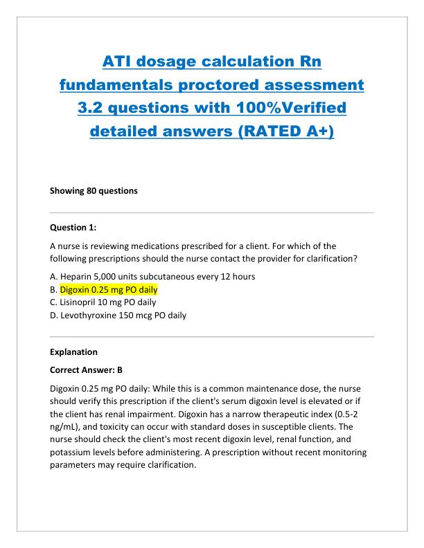 ATI dosage calculation Rn fundamentals proctored assessment 3