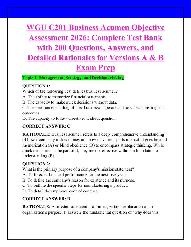 WGU C201 Business Acumen Objective Assessment 2026