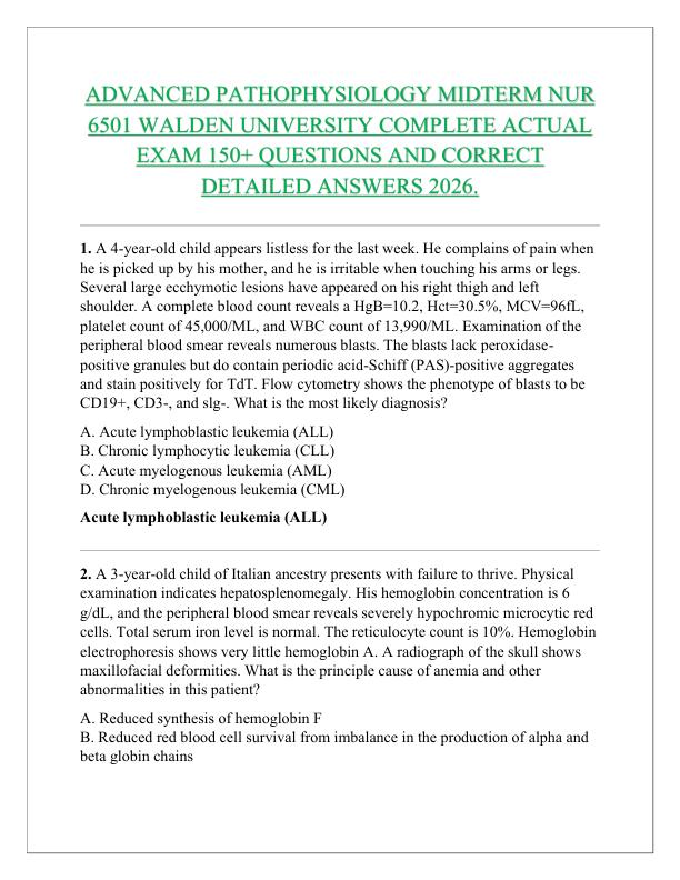 ADVANCED PATHOPHYSIOLOGY MIDTERM NUR 6501 WALDEN UNIVERSITY COMPLETE ACTUAL EXAM 150