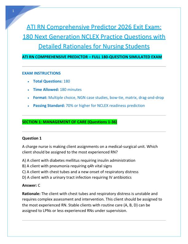 ATI RN Comprehensive Predictor 2026 Exit Exam 1