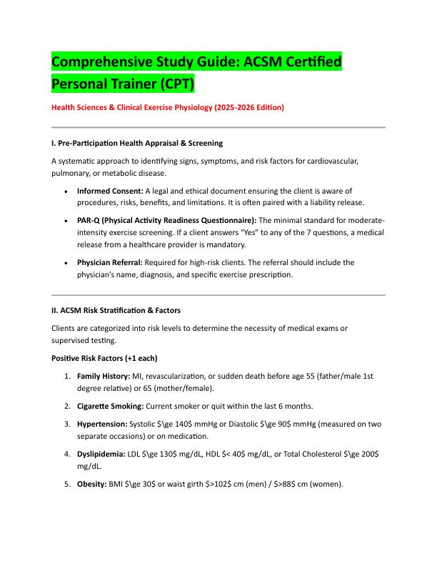 Comprehensive Study Guide ACSM Certified Personal Trainer (CPT)
