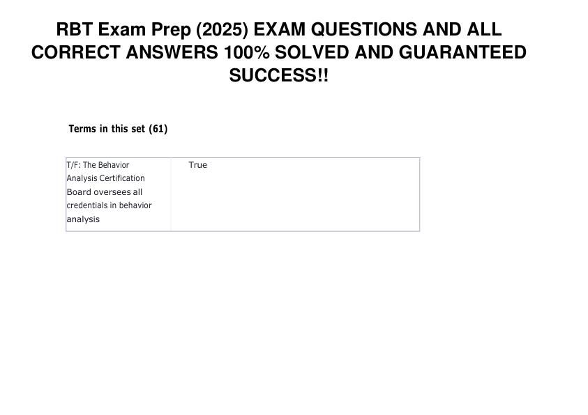 RBT Exam Prep (2025) EXAM QUESTIONS AND ALL CORRECT ANSWERS 100% SOLVED AND GUARANTEED SUCCESS GRADED A+
