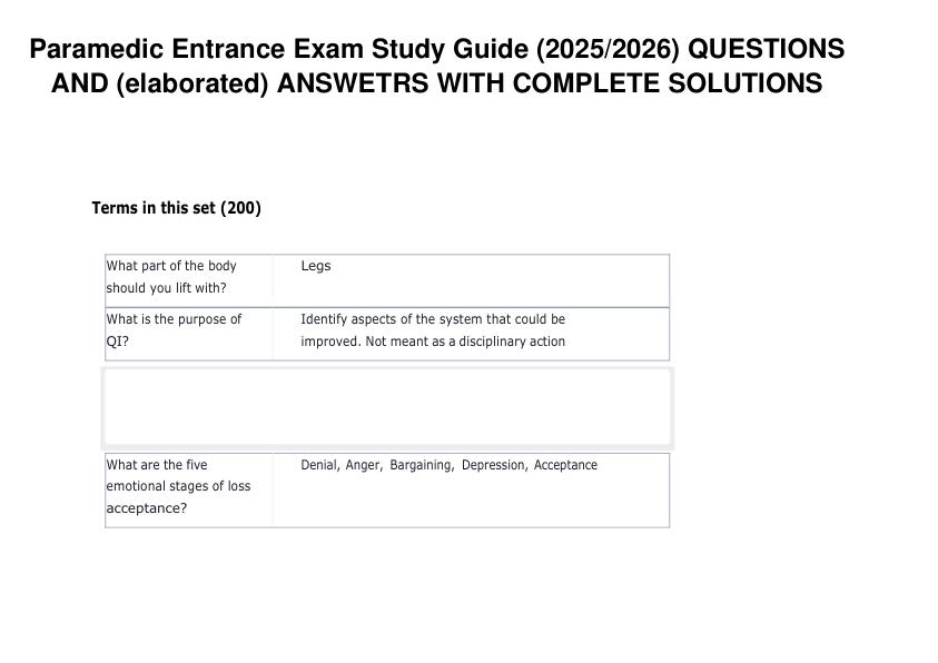 Paramedic Entrance Exam Study Guide (20252026) QUESTIONS AND (elaborated) ANSWETRS WITH COMPLETE SOLUTION GRADE A+