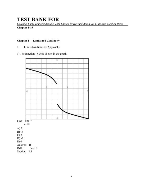 Test Bank For Calculus Early Transcendentals, 12th Edition by Howard Anton, Irl C. Bivens, Stephen Davis Chapter 1-15