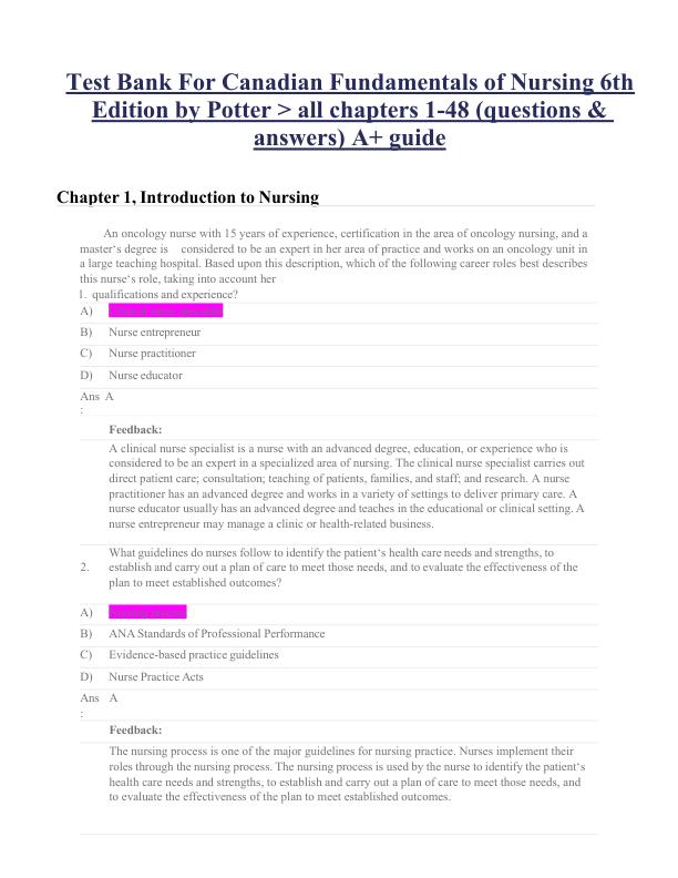 Test Bank For Canadian Fundamentals of Nursing 6th Edition by Potter all chapters 1-48 (questions & answers) A+ guide