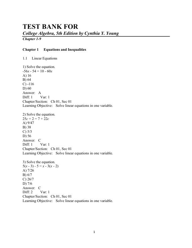 Test Bank For College Algebra, 5th Edition by Cynthia Y. Young Chapter 1-9