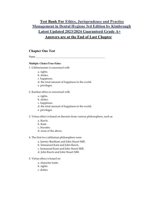 Test Bank For Ethics, Jurisprudence and Practice Management in Dental Hygiene 3rd Edition by Kimbrough Chapter 1-11 Latest Updated 2023 2024 Guaranteed Grade A+ 