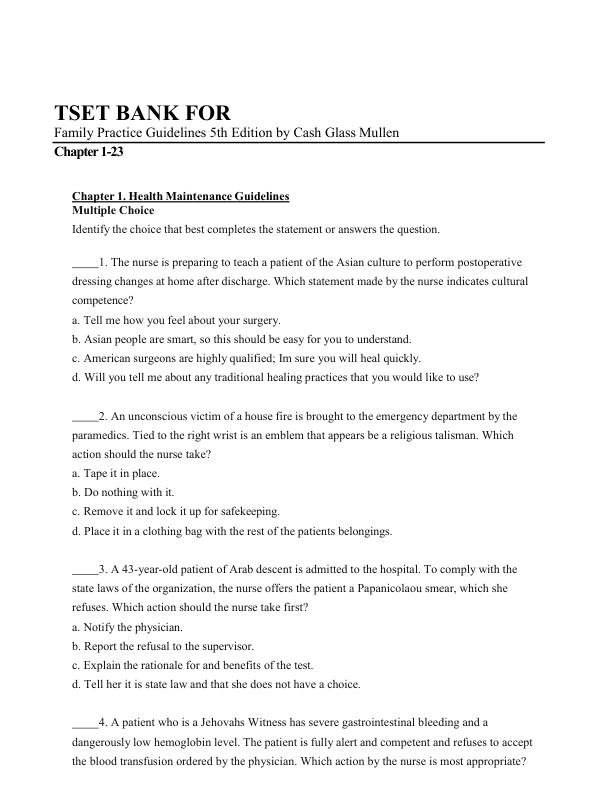 Test Bank For Family Practice Guidelines 5th Edition by Cash Glass Mullen Chapter 1-23 Complete With Verified Q&A 2023-2024