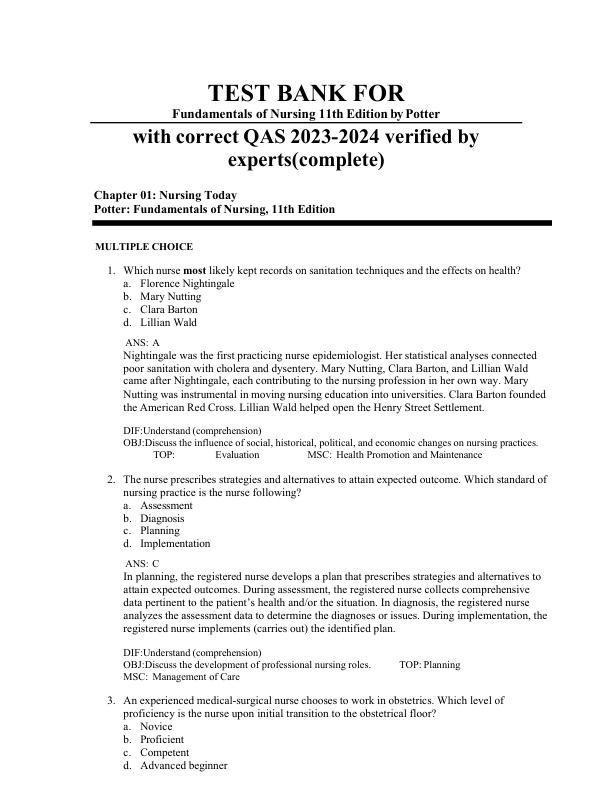 Test Bank For Fundamentals of Nursing 11th Edition by Potter with correct QAS 2023-2024 verified by experts (complete) Chapter 1-50