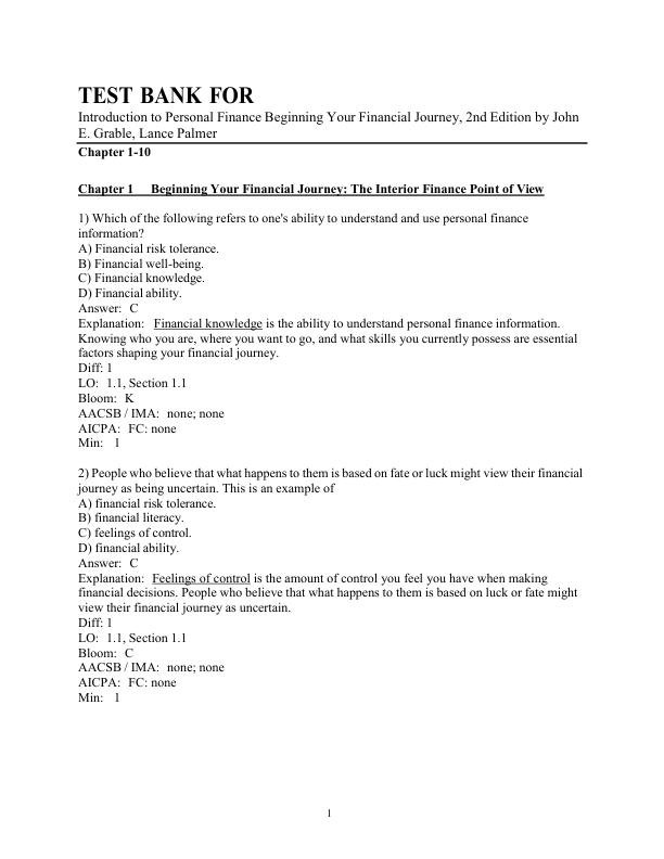 Test Bank For Introduction to Personal Finance Beginning Your Financial Journey, 2nd Edition by John E. Grable, Lance Palmer Chapter 1-10