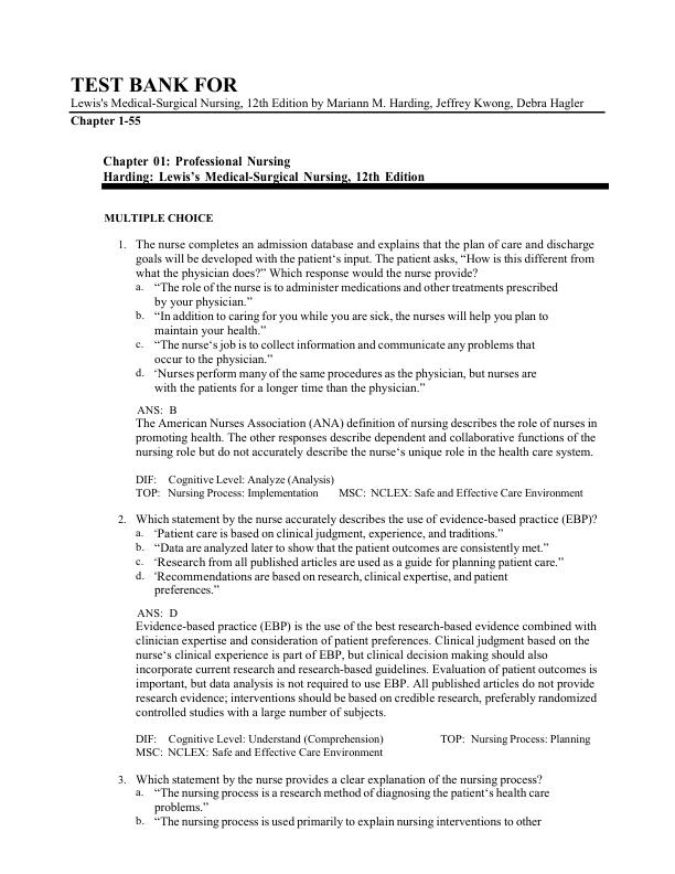 Test Bank For Lewis's Medical-Surgical Nursing, 12th Edition by Mariann M. Harding, Jeffrey Kwong, Debra Hagler Chapter 1-55