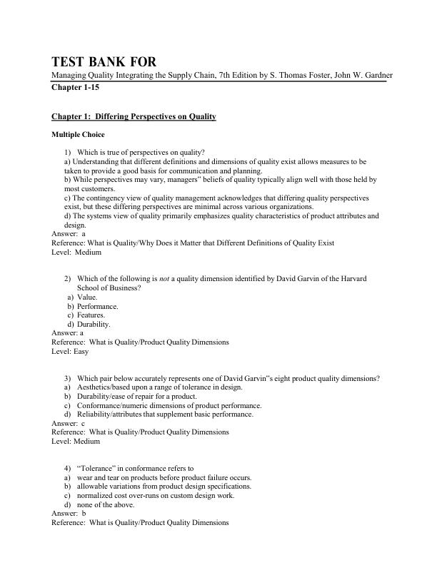 Test Bank For Managing Quality Integrating the Supply Chain, 7th Edition by S. Thomas Foster, John W. Gardner Chapter 1-15