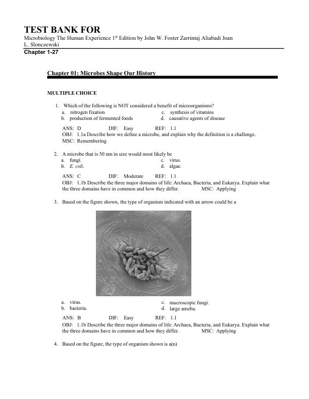 Test Bank For Microbiology The Human Experience 1st Edition by John W. Foster Zarrintaj Aliabadi Joan L. Slonczewski Chapter 1-27
