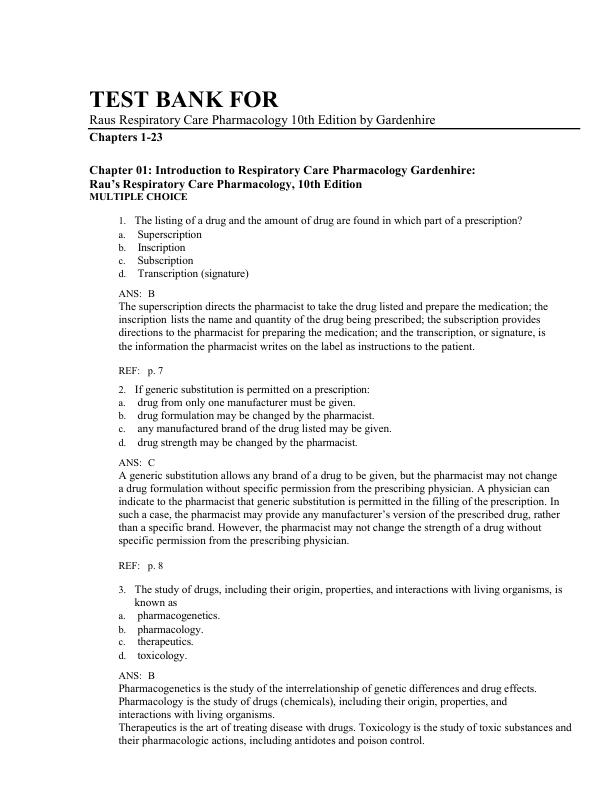 Test Bank For Raus Respiratory Care Pharmacology 10th Edition by Gardenhire Chapters 1-23