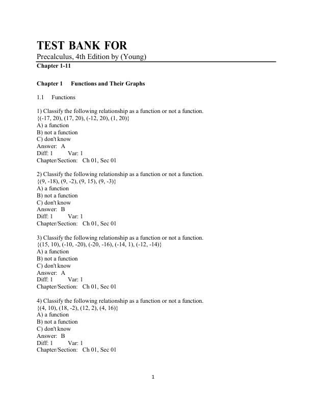 Test Bank For Precalculus, 4th Edition by (Young) Chapter 1-11