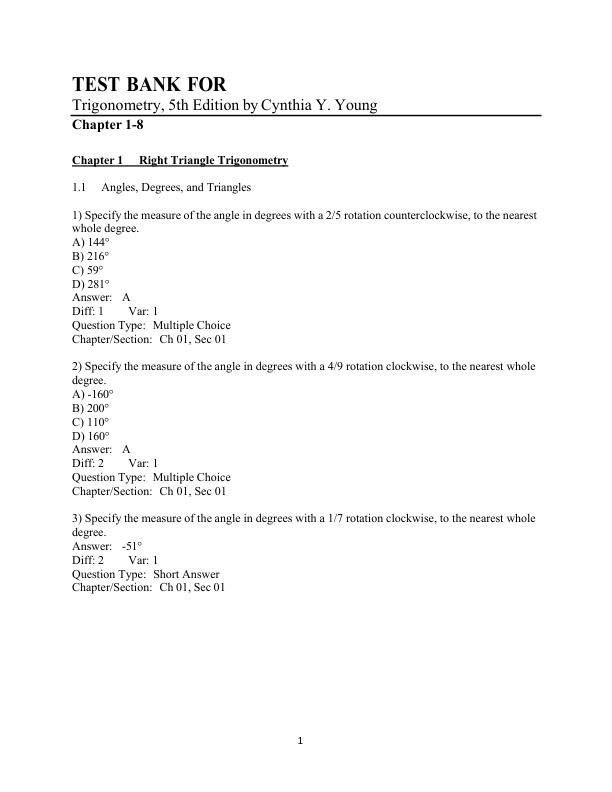 Test Bank For Trigonometry, 5th Edition by Cynthia Y. Young Chapter 1-8