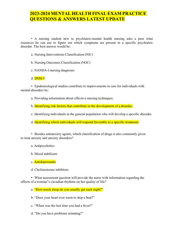 2023-2024 MENTAL HEALTH FINAL EXAM PRACTICE QUESTIONS & ANSWERS LATEST UPDATE
