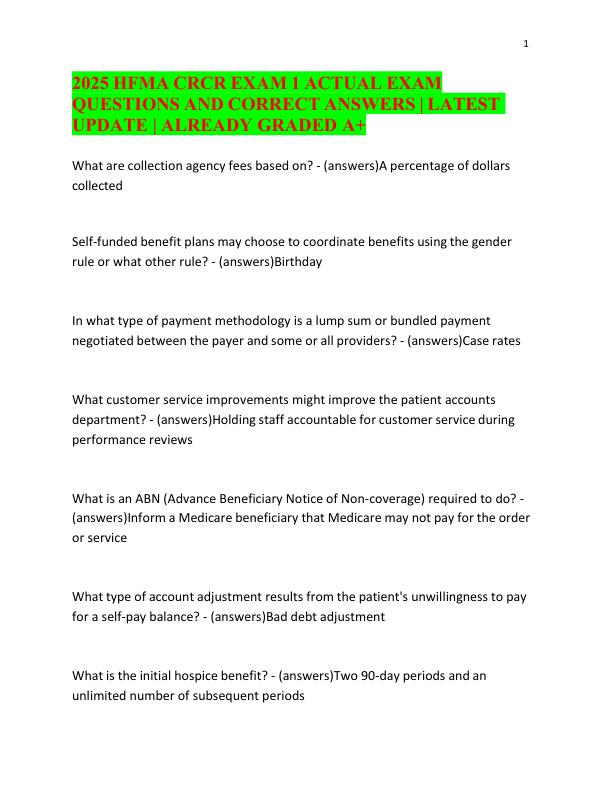 2025 HFMA CRCR EXAM 1 ACTUAL EXAM QUESTIONS AND CORRECT ANSWERS LATEST UPDATE  ALREADY GRADED A+