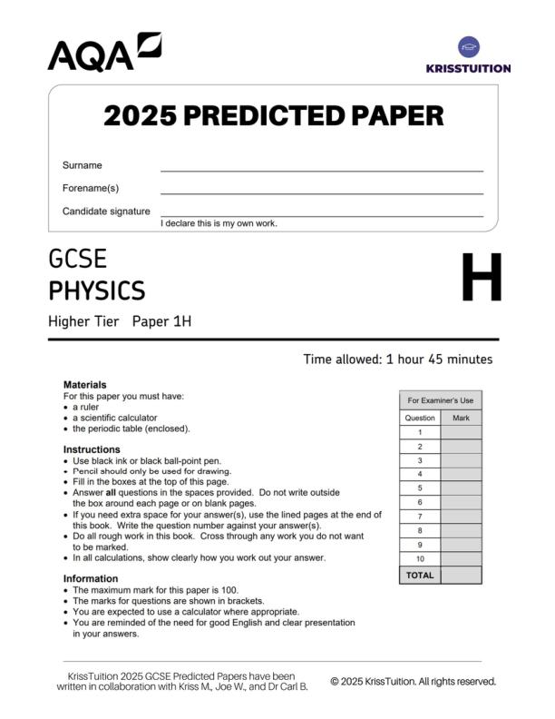 2025 AQA GCSE Triple Physics (Higher) Paper 1 – Actual Exam Questions  PDF Download