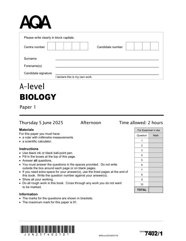 2025 AQA A Level Biology Paper 1 – Actual Exam PDF  Verified Questions  High-Scoring Resource
