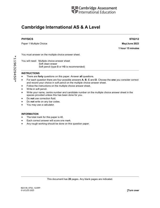 9702 Physics MayJune 2023 Paper 12 – Cambridge Assessment International Education AS Level  Actual Exam Questions PDF