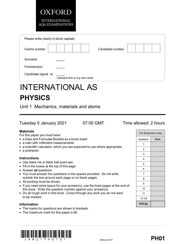A Level Physics Unit 1 Question Paper – January 2021  Actual Exam Questions PDF