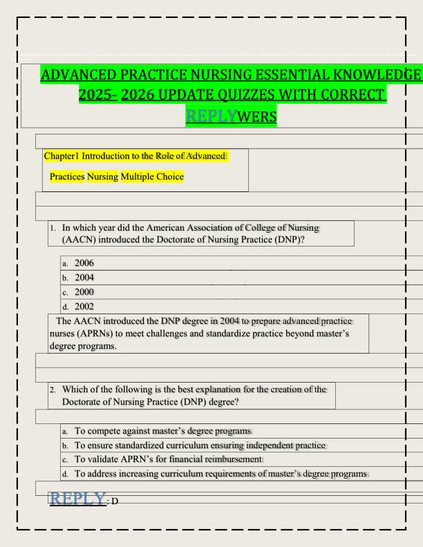 ADVANCED PRACTICE NURSING ESSENTIAL KNOWLEDGE 2025- 2026 UPDATE QUIZZES WITH CORRECT REPLYWERS