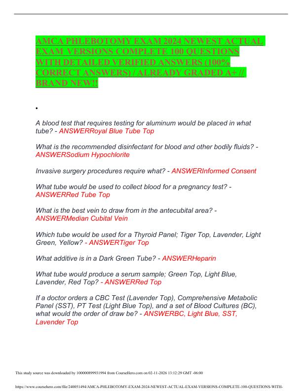 AMCA PHLEBOTOMY EXAM 2024 NEWEST ACTUAL EXAM VERSIONS COMPLETE 100 QUESTIONS
