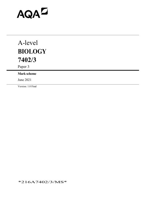 AQA A Level Biology Paper 3 (2021) – Mark Scheme  Examiner Answers PDF