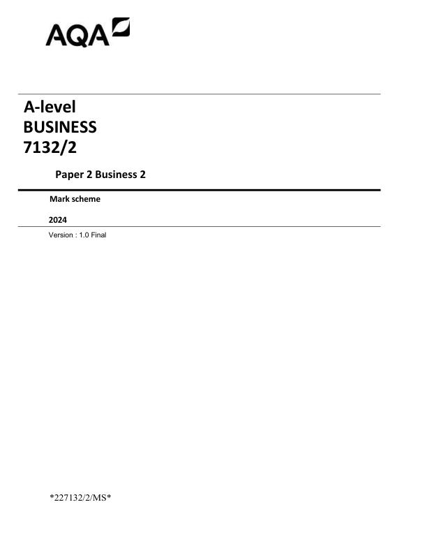 AQA A Level Business 71322 – Paper 2 Mark Scheme 2024 Version 1 PDF Examiner Answers