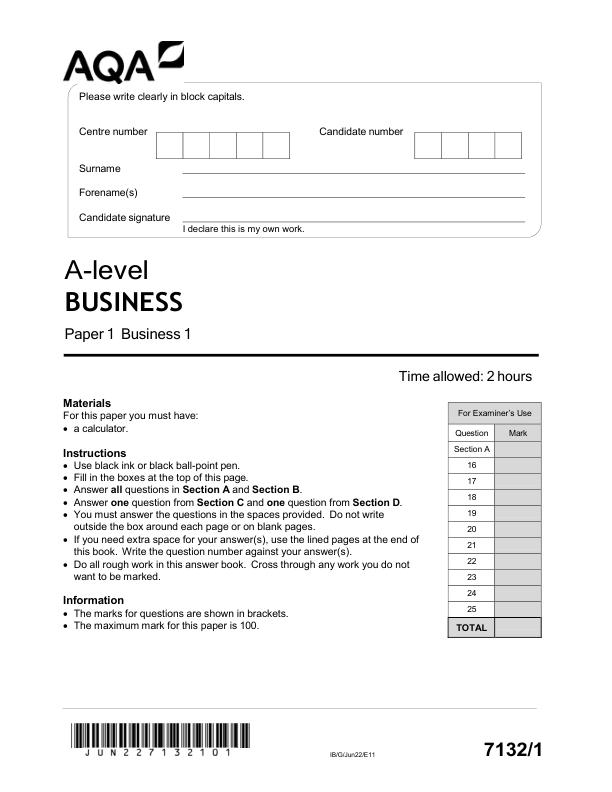 AQA A Level Business Paper 1 – June 2022 Actual Exam Questions PDF