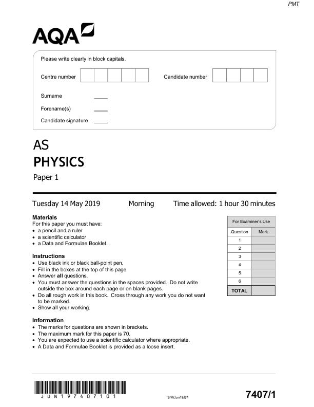 AQA AS Level Physics Paper 1 – June 2019 Actual Exam Questions PDF